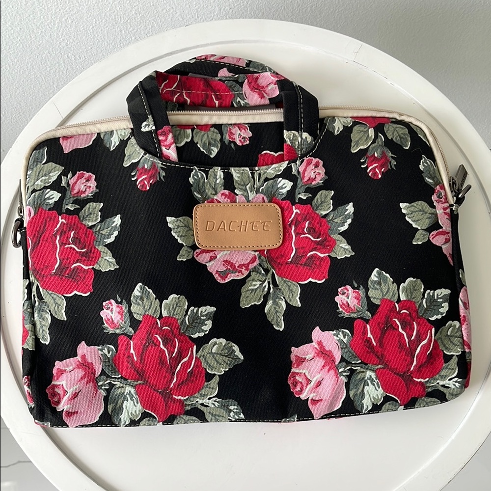 Black and Red Floral Laptop Case with Structured Design